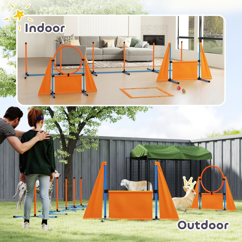 Dog Agility Equipment Set, Seven-Piece with Weave Poles, Jump Ring, Hurdle, Pause Box, Carry Bag, Orange