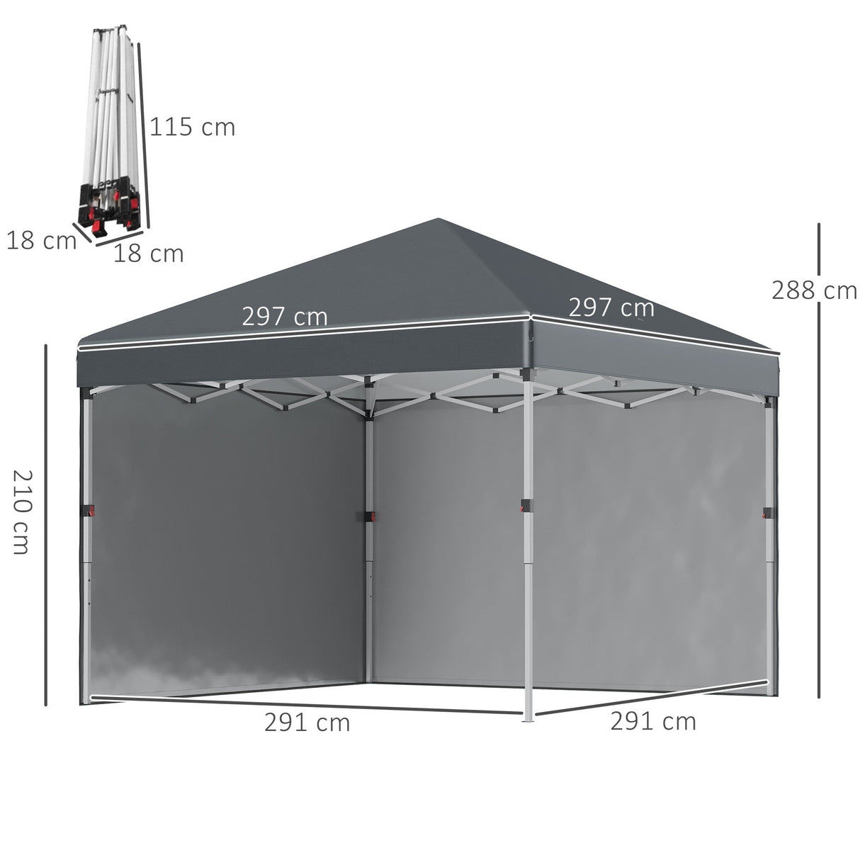 Pop Up Gazebo 3 x 3 (M), UPF 30+, 2 Sidewalls, Leg Weight Bags, Wheeled Bag, Height Adjustable, Dark Grey