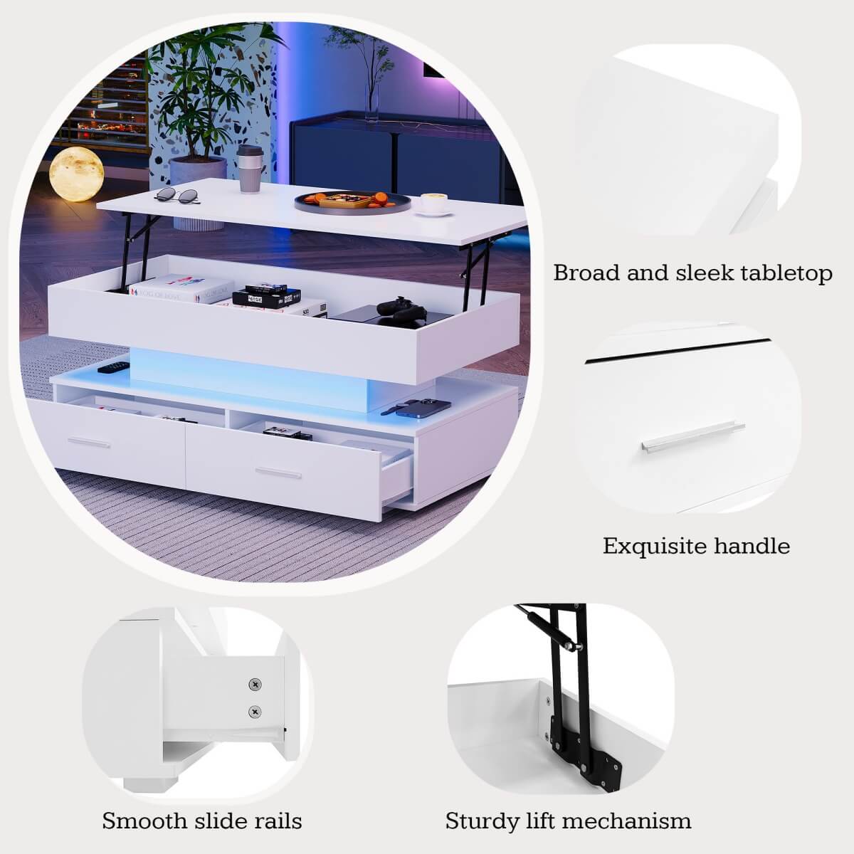 LED Lift Top Coffee Table - Hydraulic Storage Coffee Table with Drawers for Living Room, White