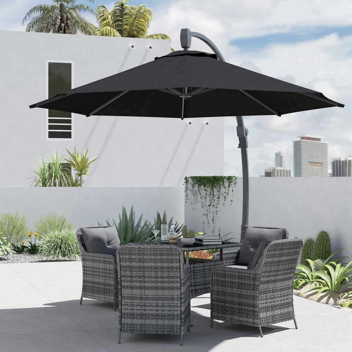 Garden Cantilever Parasol, 3m Round Overhanging Umbrella with Crank Handle, Black