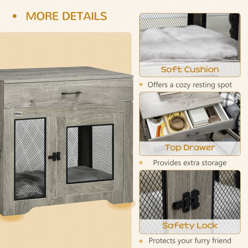 PawHut Dog Cage End Table with Two Doors, Drawer, Grey