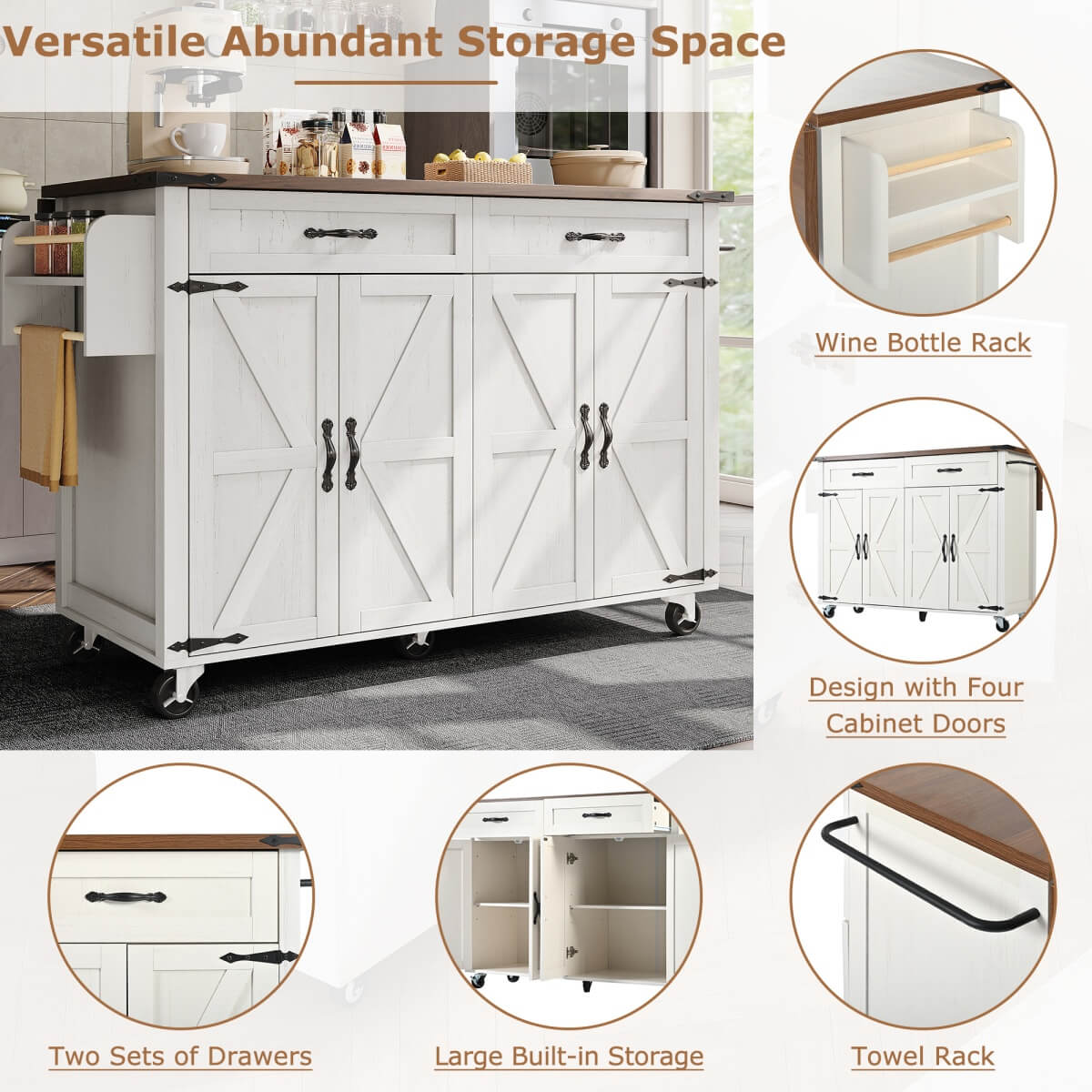 Farmhouse Kitchen Island Trolley - Rolling Storage Cabinet with Drawers, Adjustable Shelf & Spice Rack, White