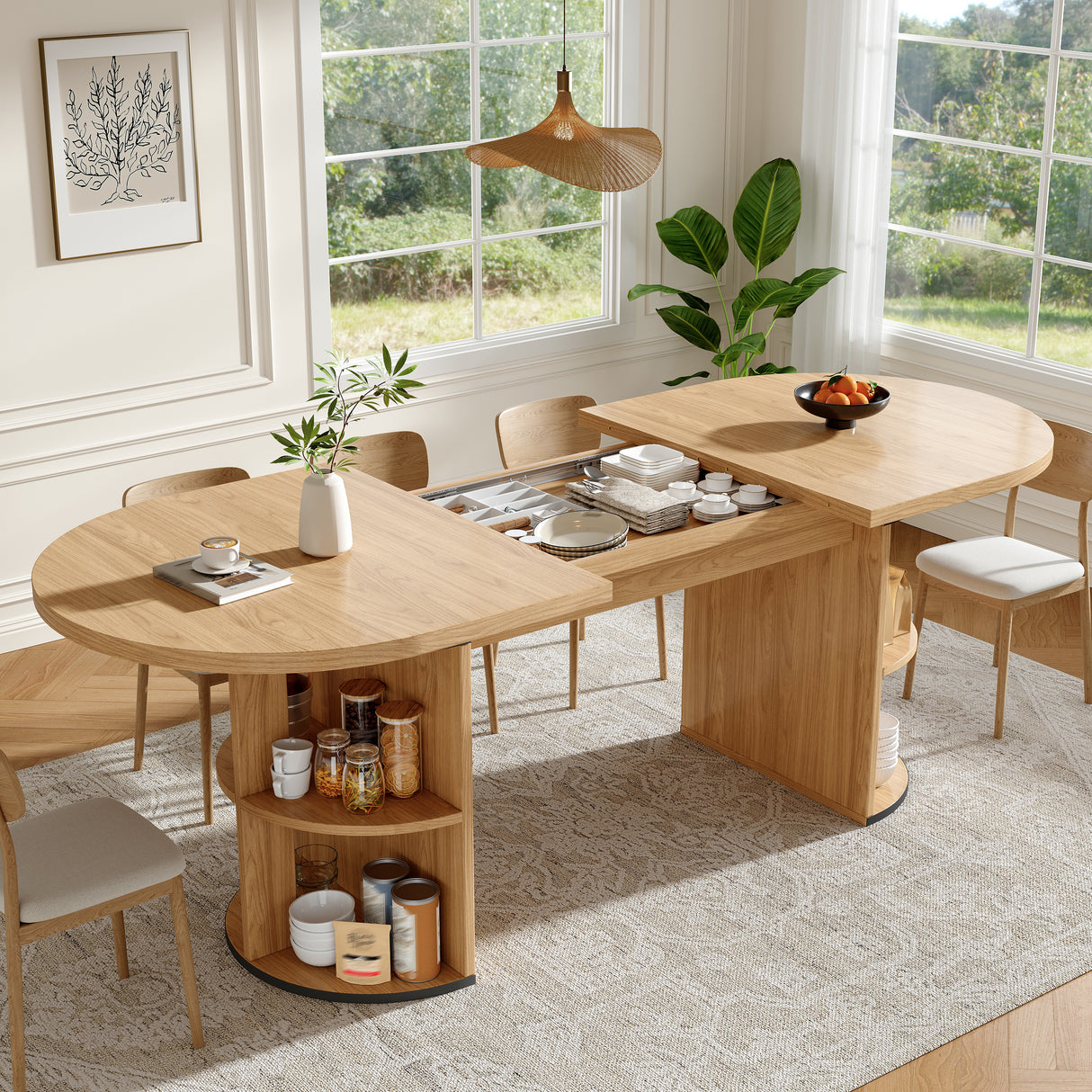 Extendable dining table with hidden storage compartment, thickened tabletop for high stability, flexibly adaptable for small spaces, kitchen, study and living room, natural brown