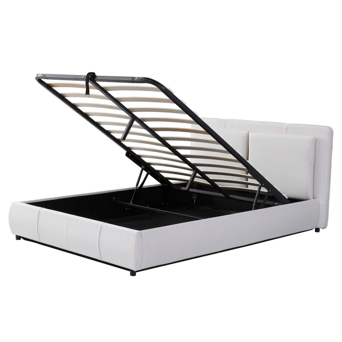 4ft6 Double Upholstered Storage Bed - Hydraulic Lift, Velvet Bed Frame with Removable Headboard, Beige