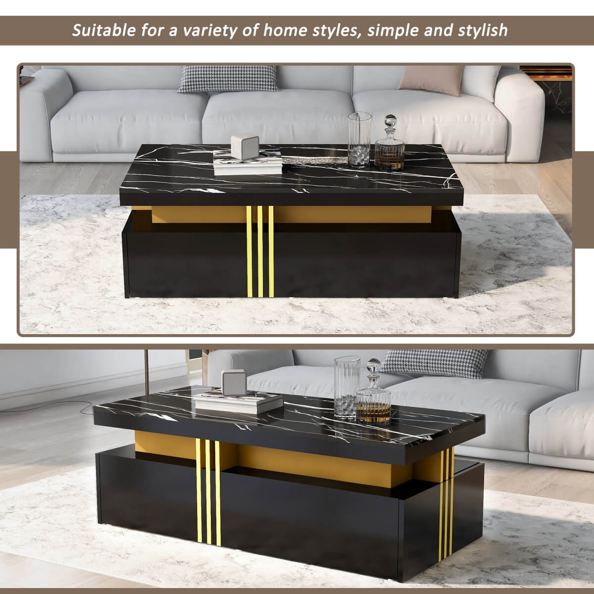 Black Rectangular Coffee Table - Marble Effect Top, 2 Wooden Drawers, 100x50x40cm