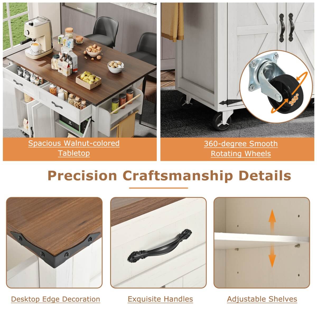 Farmhouse Kitchen Island Trolley - Rolling Storage Cabinet with Drawers, Adjustable Shelf & Spice Rack, White