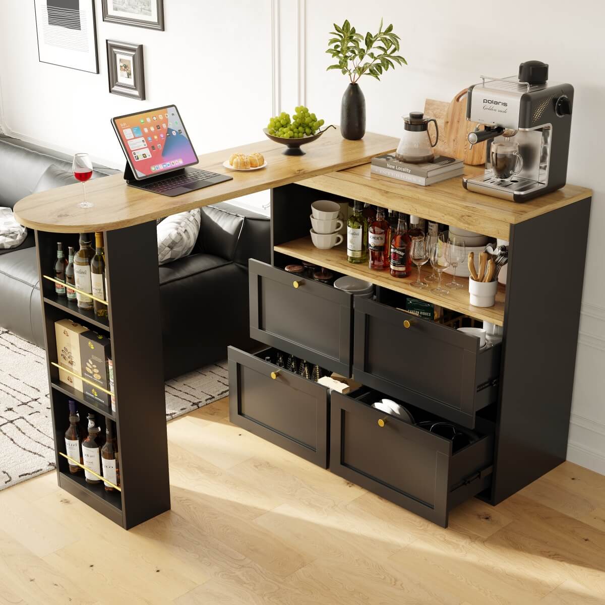 Modern Swivel Bar Table with 4 Drawers - 360-Degree Rotating Design with Open Shelves, Freestanding Dining Table
