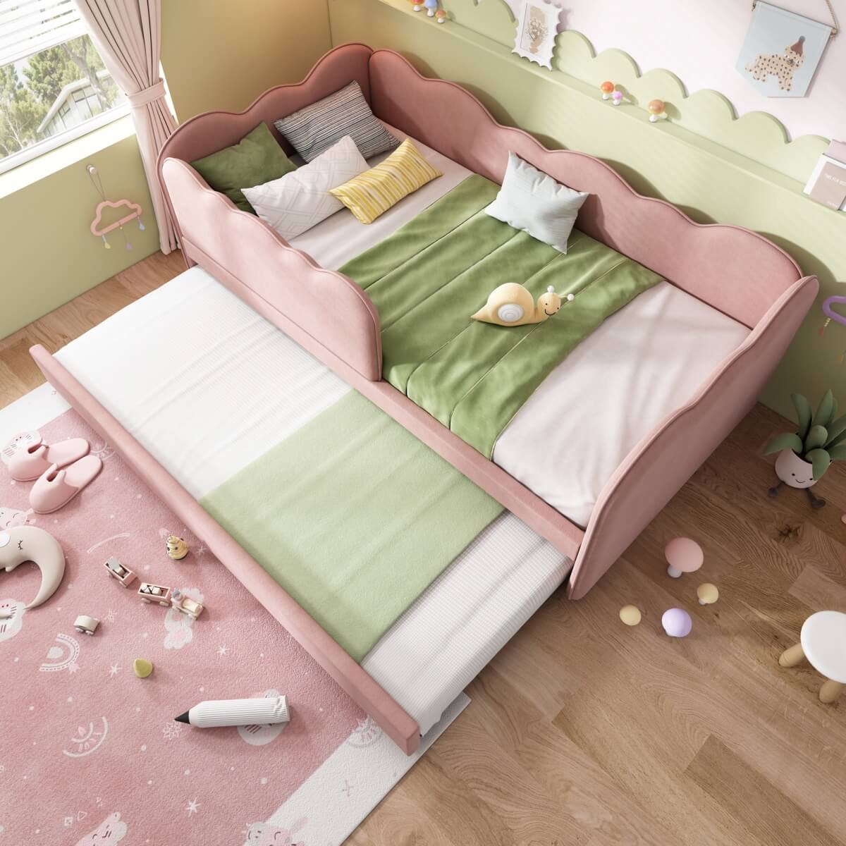 3ft Single Velvet Daybed with Pull-Out Trundle - Pink Upholstered Bed