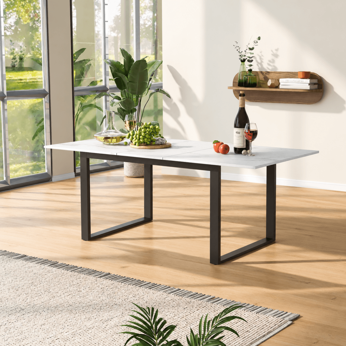 4-6 Seater Extendable Dining Table - Modern White Marble Effect Tabletop with Sturdy Metal Legs