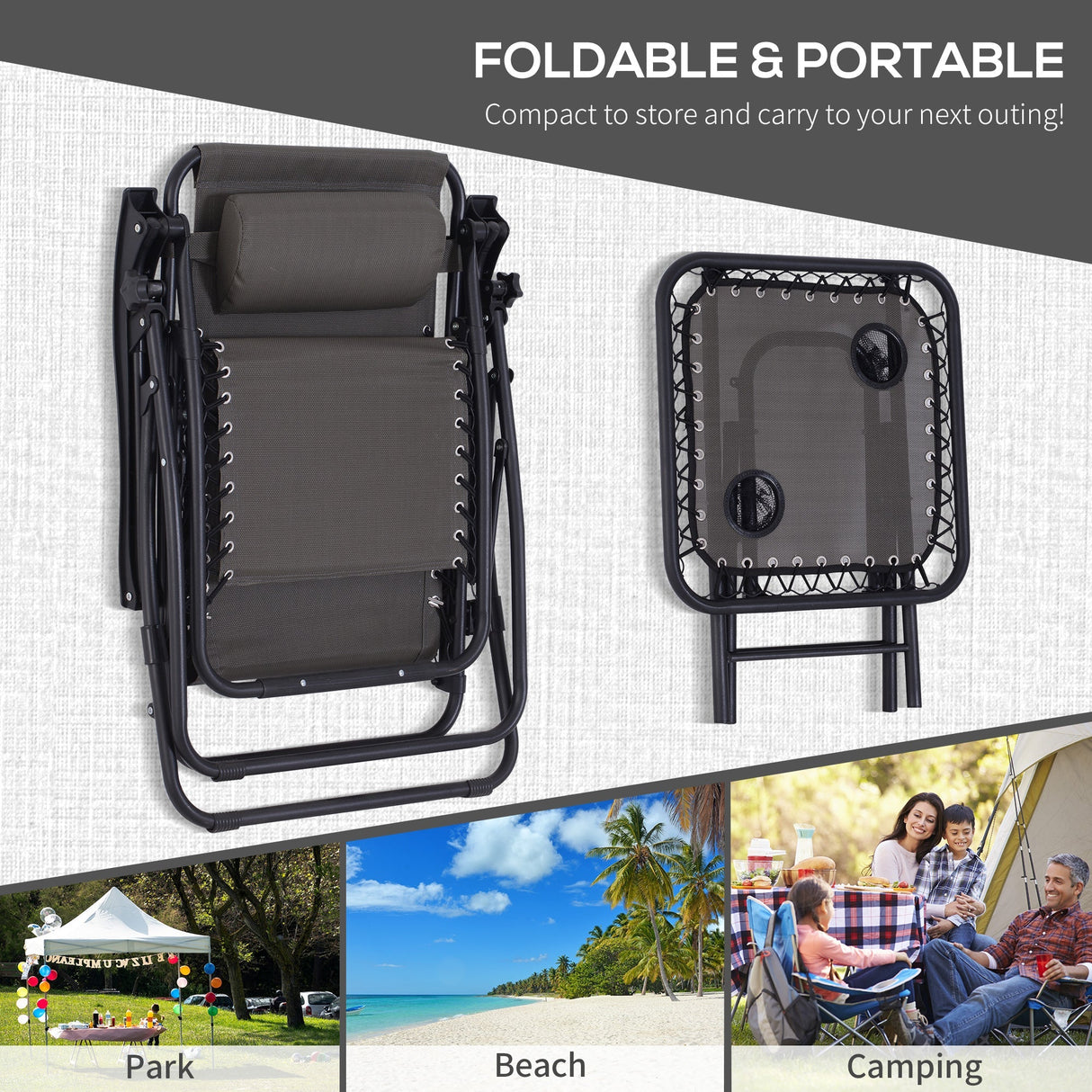 Folding Zero Gravity Chairs with Cup Holders, Reclining, Dark Grey