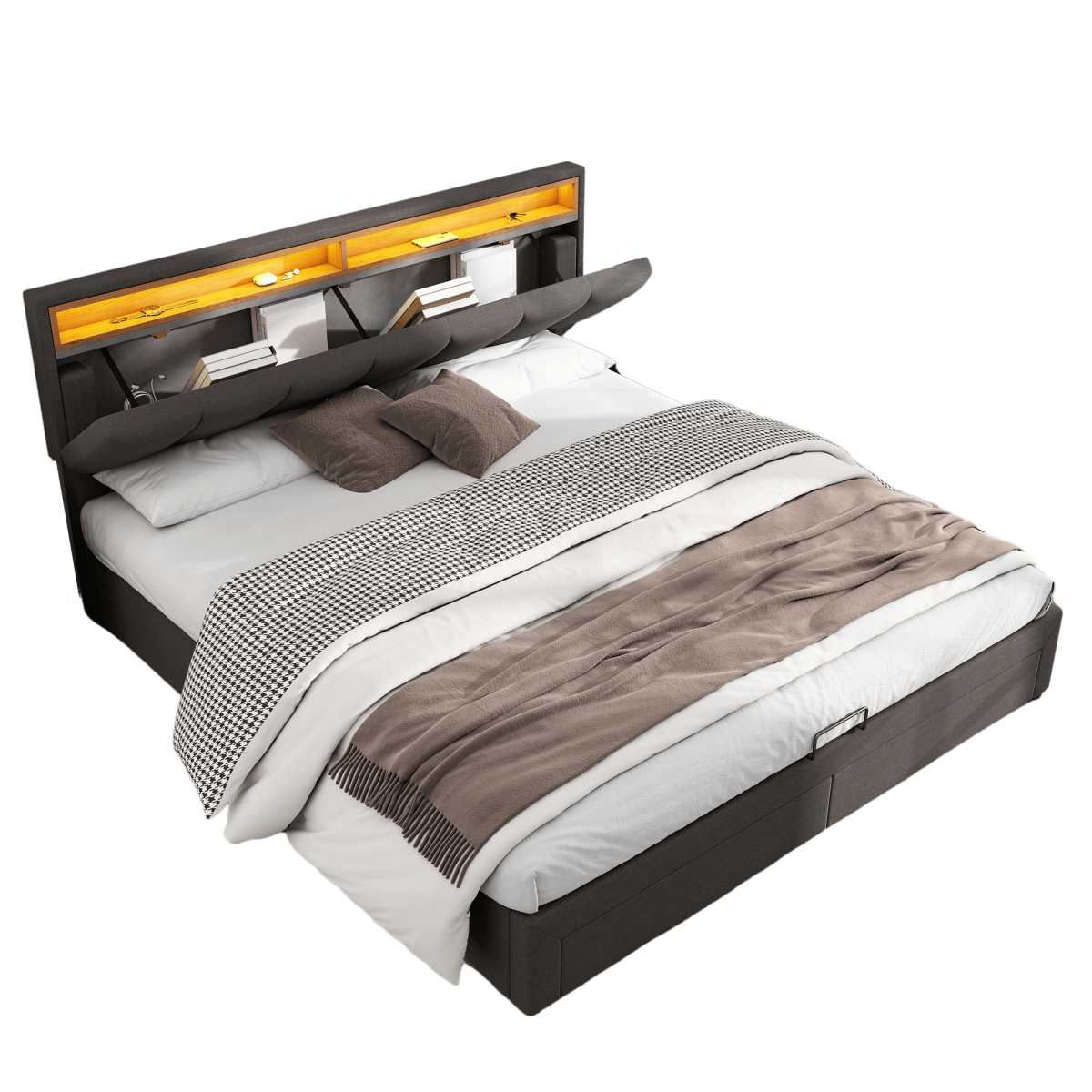 5ft King Upholstered Storage Bed with LED Lights – Hydraulic Bed with Drawers, Bed Box and Stowable Headboard