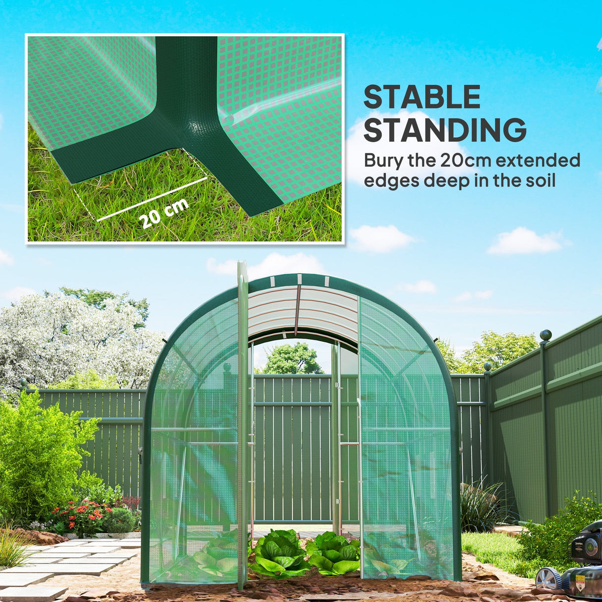 Polytunnel Greenhouse, 3 x 2(m) with Windows and Doors - Green