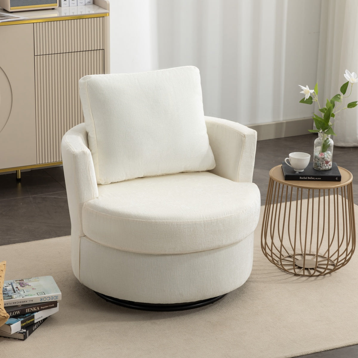 Chenille Swivel Armchair with Back Cushion Pillow, Thick Foam Pad, Ivory