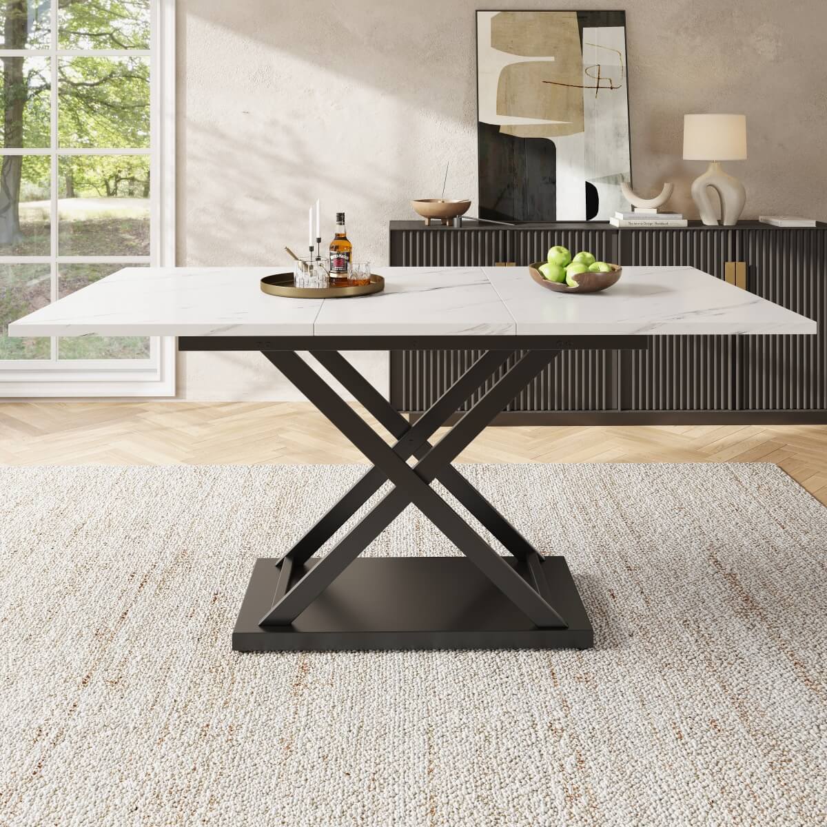 Extendable Dining Table 120-160cm - White Marble Effect Top, Black Cross Legs