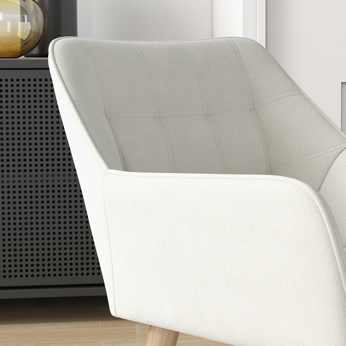 Accent Chair with Wide Arms, Slanted Back, Thick Padding, Rubber Wooden Legs, Cream White