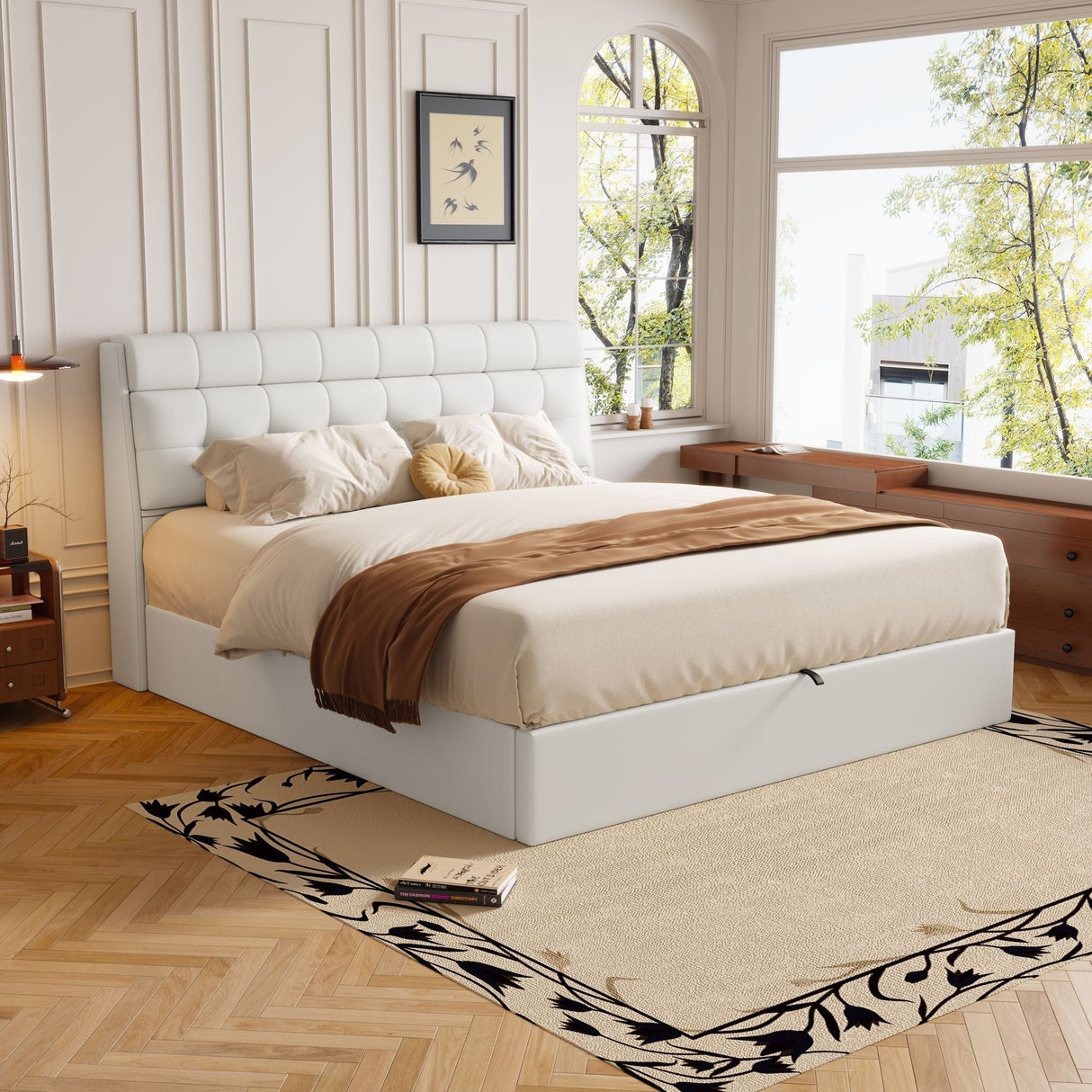 Fashion Upholstered Bed, King Size 150x200cm, Hydraulic with Concealed Headboard Storage, PU, Cream White