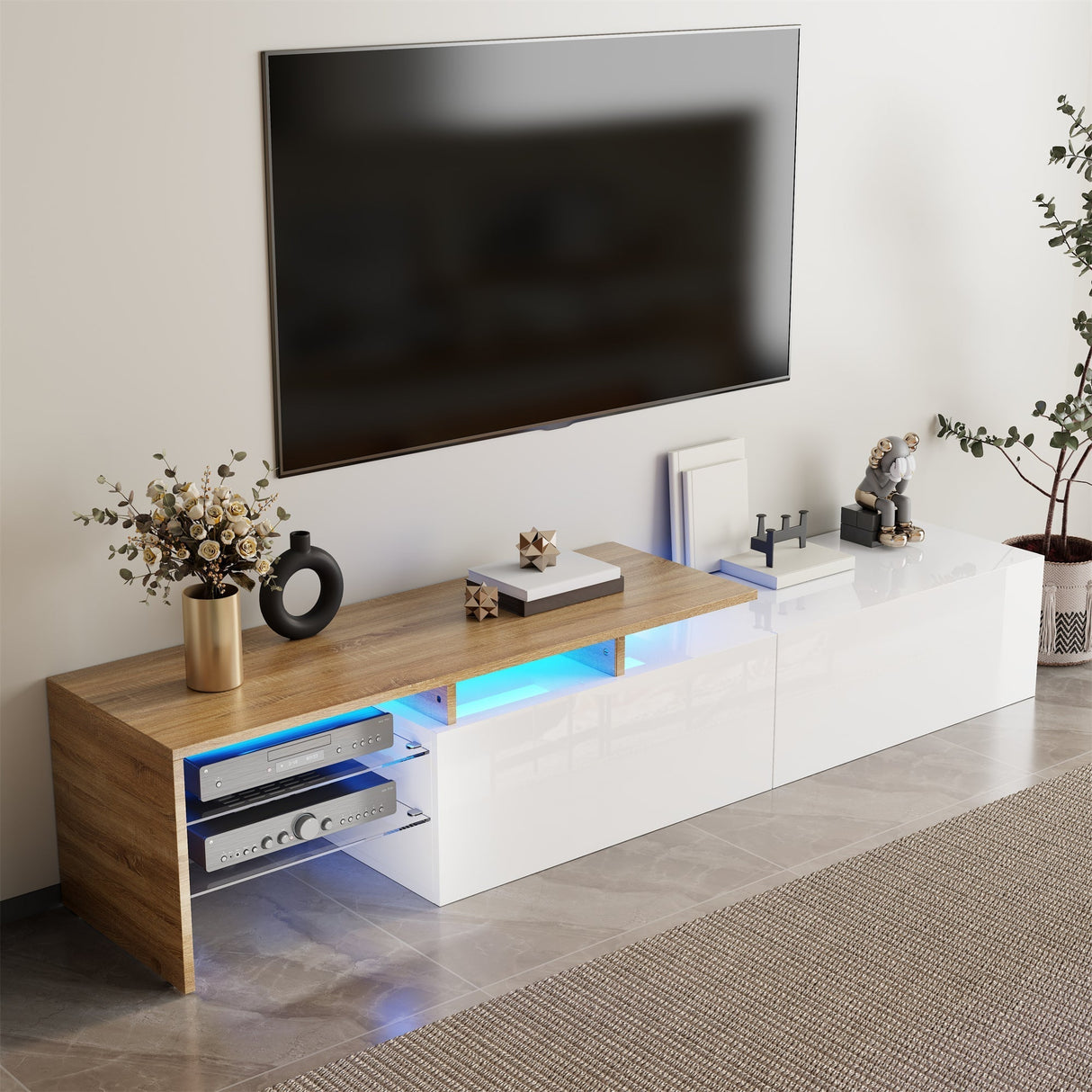 TV Cabinet with Glass Shelves and LED Lighting, High-Gloss White and Wood Look