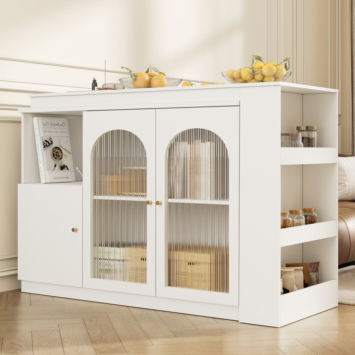 Bar Table, 360?? Rotating Dining & Storage Cabinet with Glass Door, White