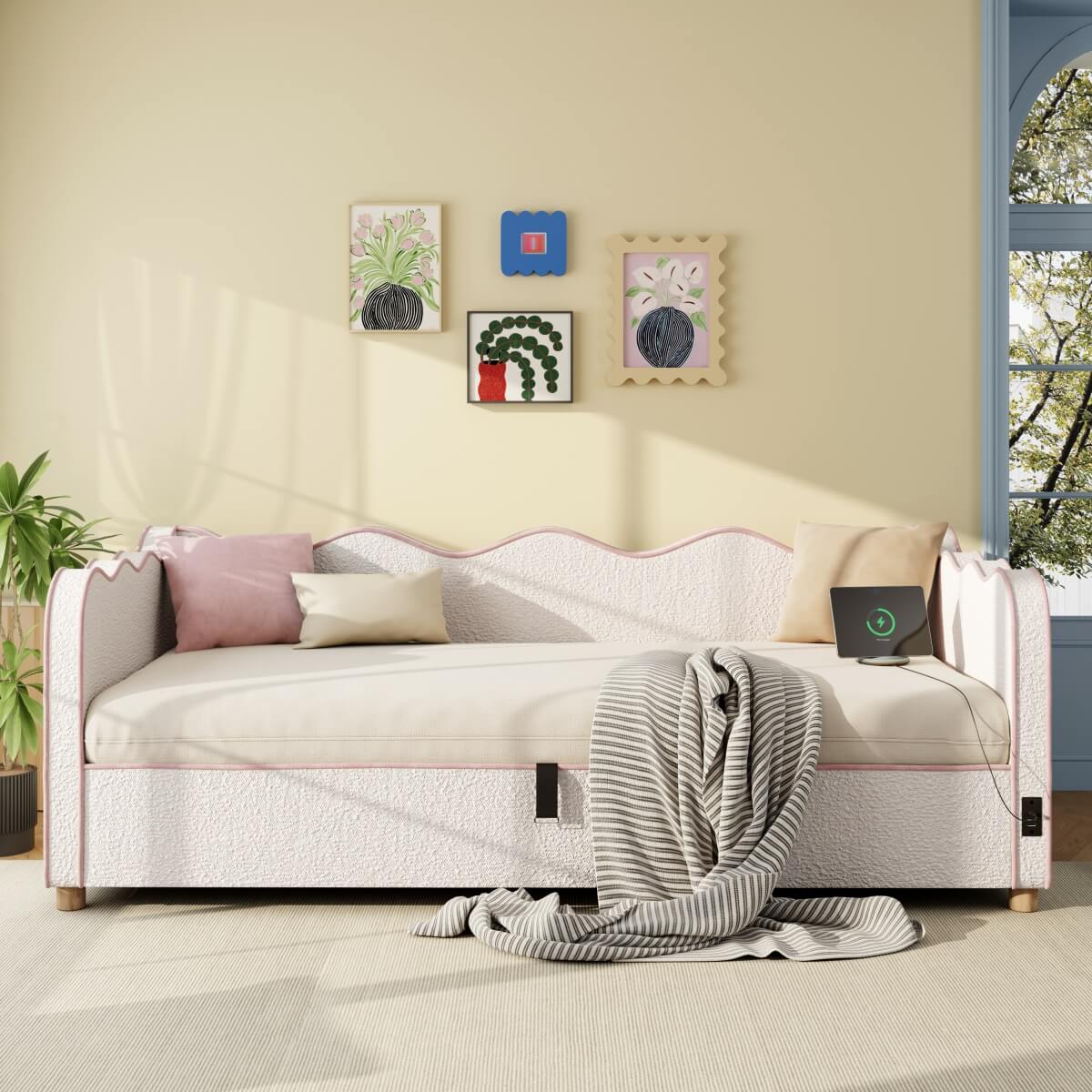 3ft Bouclé Daybed with Hydraulic Storage - Upholstered Sofa Bed with USB Port, Beige