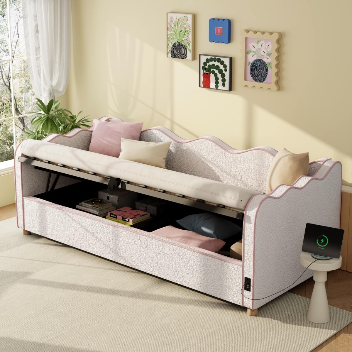 3ft Bouclé Daybed with Hydraulic Storage - Upholstered Sofa Bed with USB Port, Beige