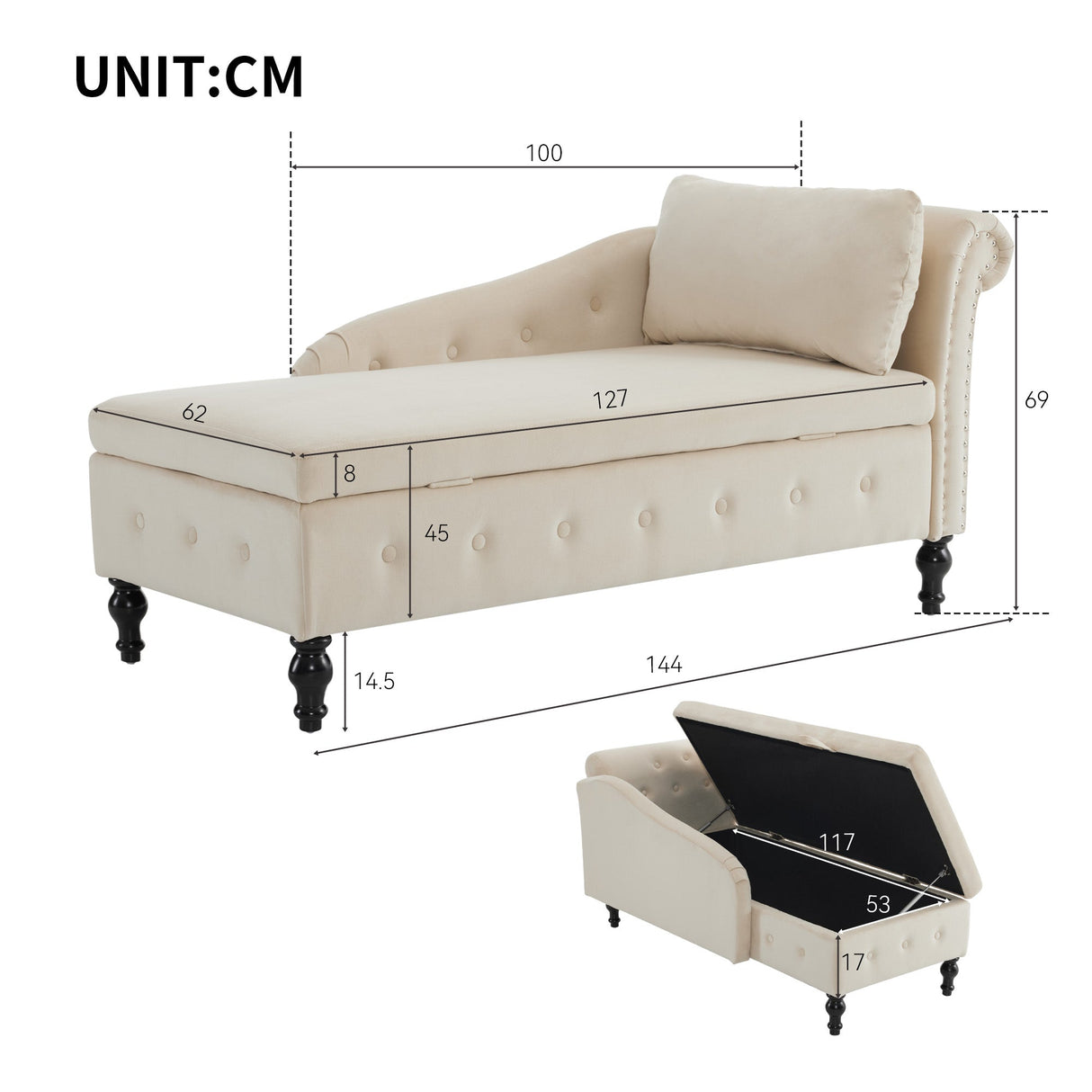 Velvet Chaise Lounge Sofa with Storage, Upholstered Chaise Lounge Couch with Pillow, Right Armrest, Velvet