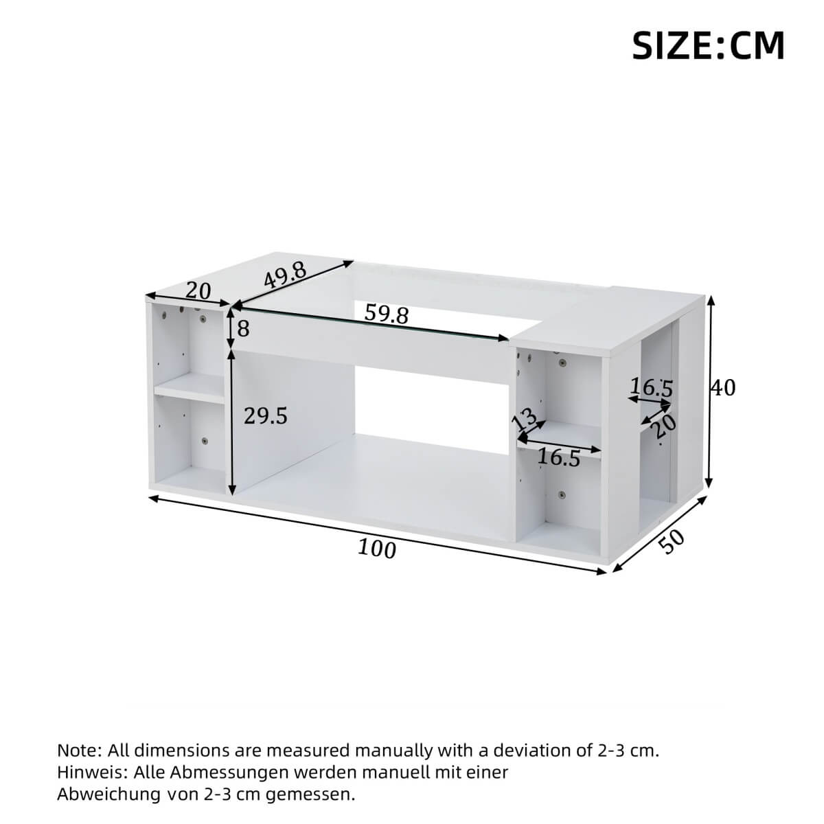 High Gloss White Coffee Table – LED Centre Table with Glass Top and Open Storage