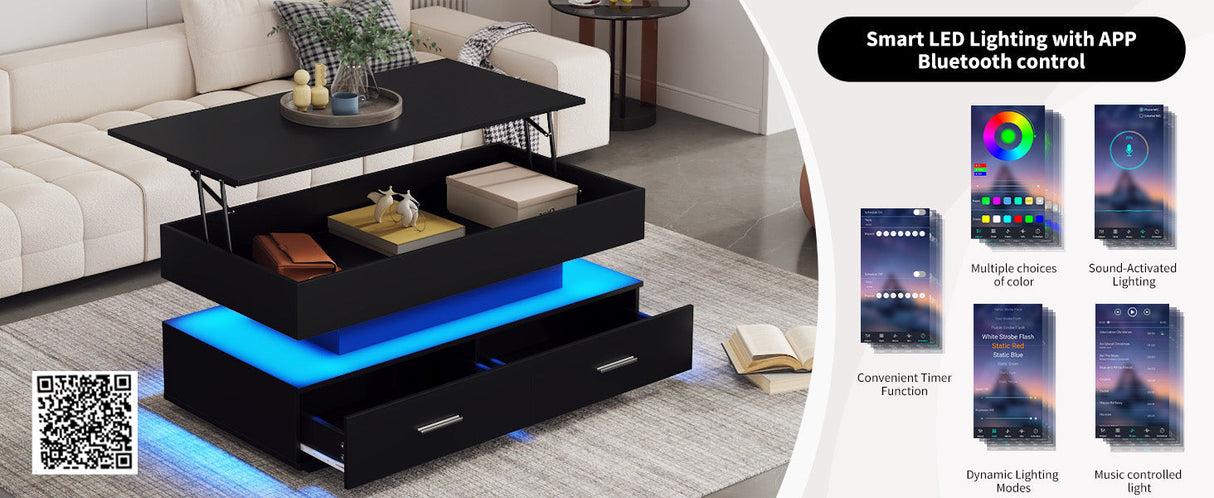 Hydraulic Lift Top Coffee Table, LED with Storage & 2 Drawers, Black