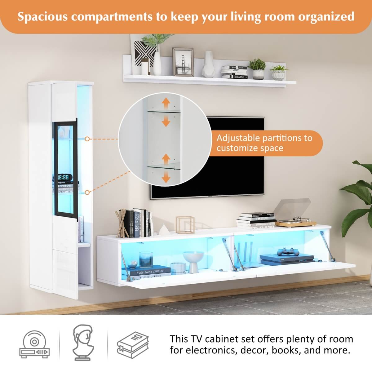 3-Piece White TV Wall Unit with LED Lights - High Gloss TV Stand, Display Cabinet and Wall Shelf for Living Room