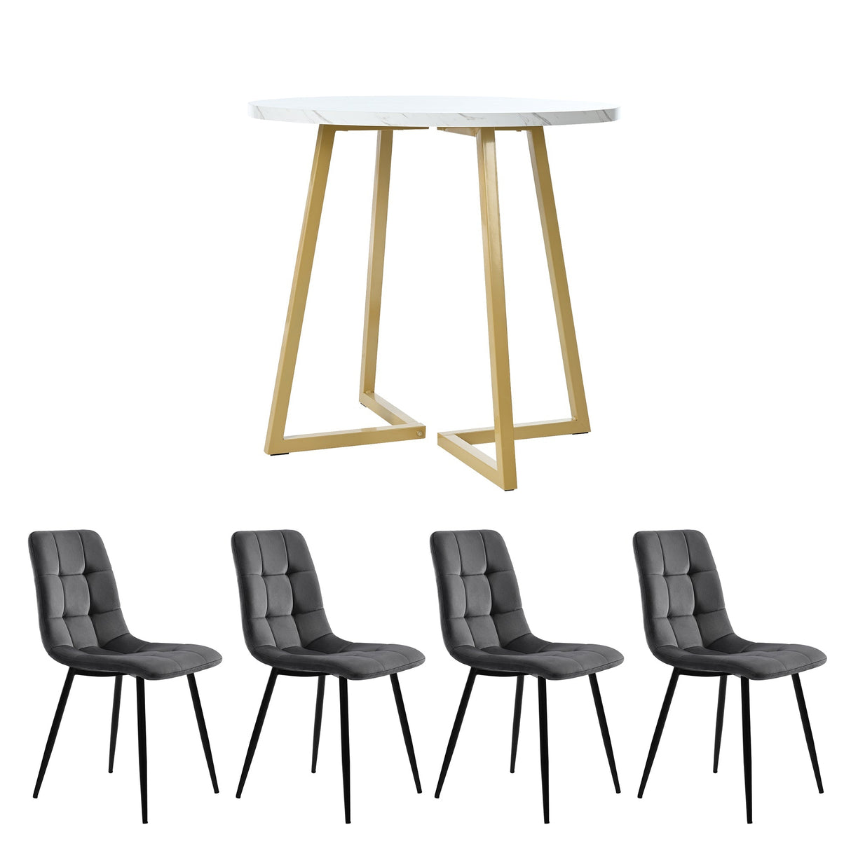 Dining Table Set (5 Pieces) with 4 Chairs, 80cm Round White MDF Table & Dark Grey Velvet Chairs