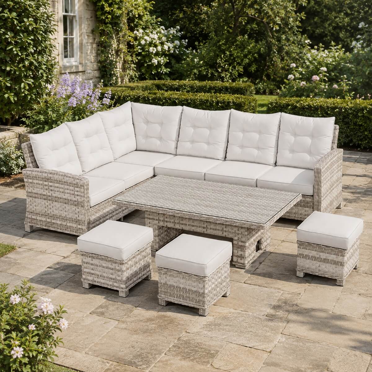 9-Seater Outdoor Corner Sofa Set - Garden Rattan Corner Sofa with Rectangular Lift-Top Table & Footstools