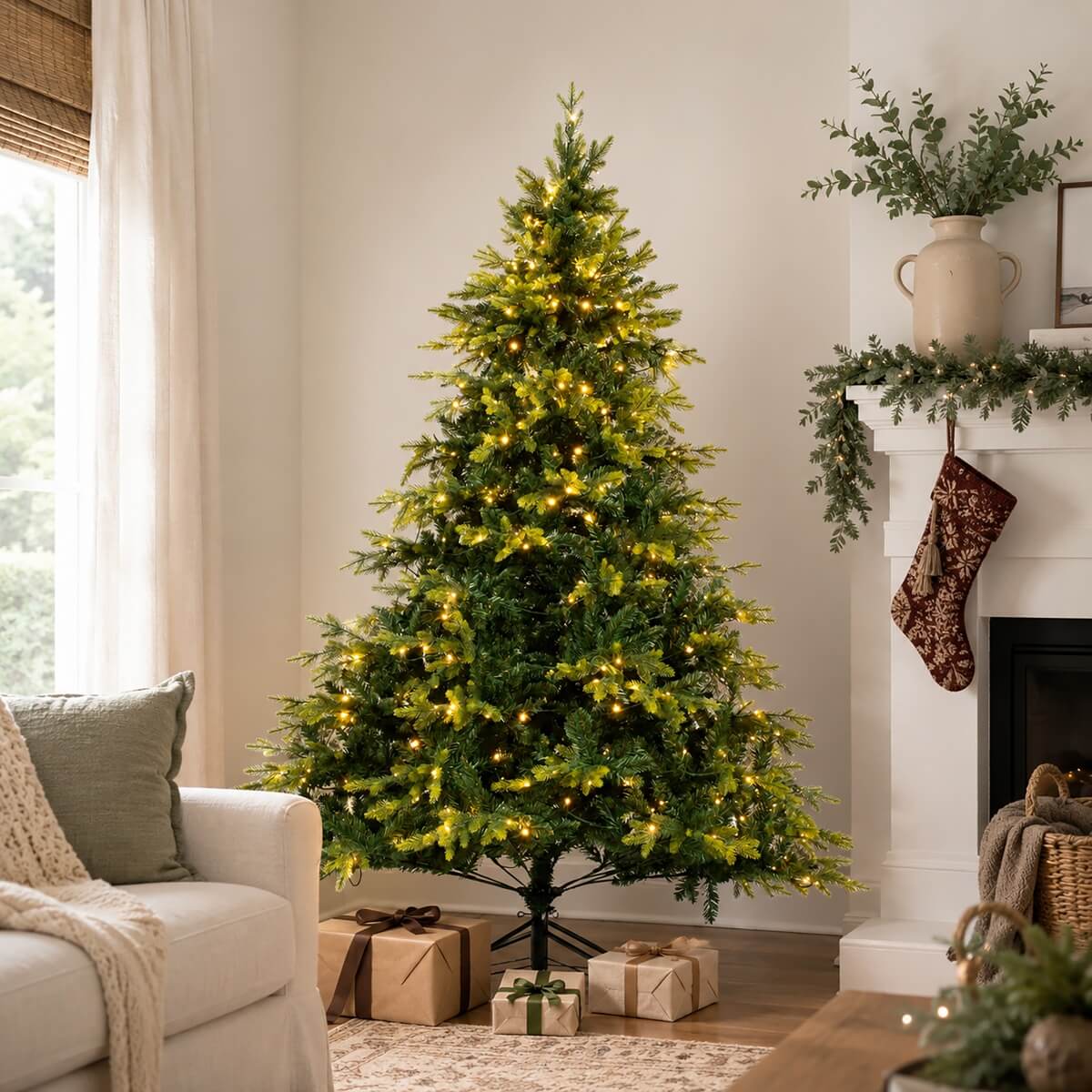 Realistic Full Green Artificial Christmas Tree - PVC & PE Mixed-Foliage Xmas Tree with Pre-Lit Warm White LED Lights, Easy Setup, 6ft/7ft/8ft