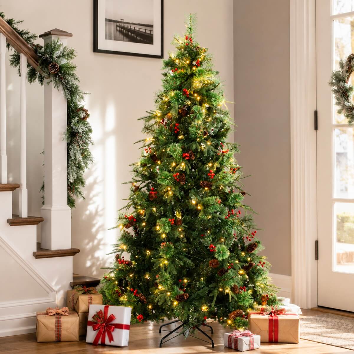 Realistic Green Artificial Christmas Tree with Pine Cones & Red Berries - Pre-Lit Warm White LED PVC Xmas Tree, Easy Setup, 5ft/6ft/7ft