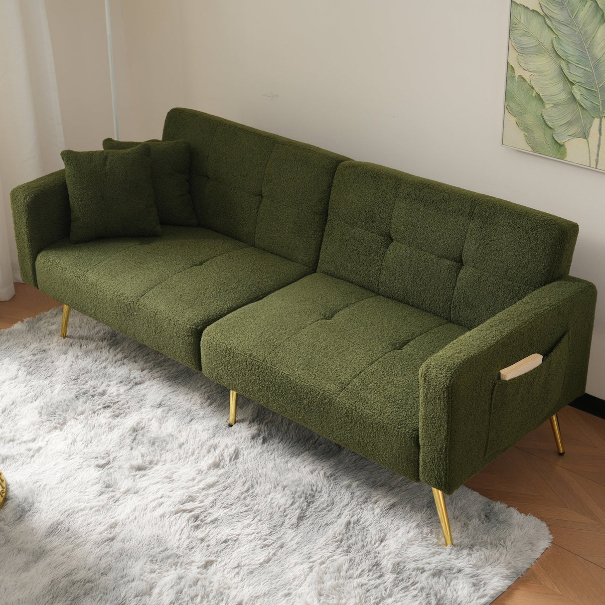 Sofa Bed with Adjustable Backrest, Gold Legs, Cushions and Side Storage Pockets