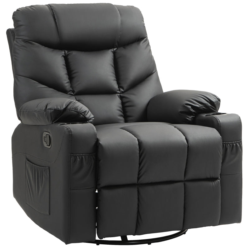 Manual Reclining Chair, Swivel Armchair with Footrest and Cup Holders, Black Faux Leather