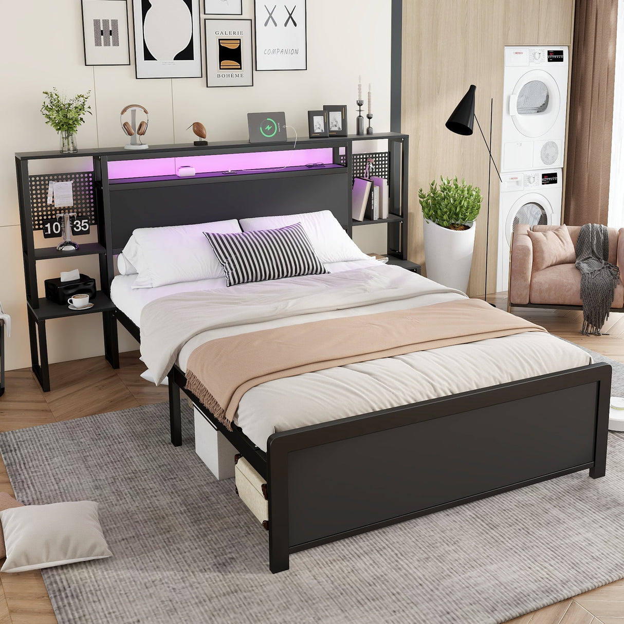 Metal Iron Bed 4ft6 Double 135x190cm with LED Lights & Charging Ports (2A/1C), One-Piece Bedside Table, Black