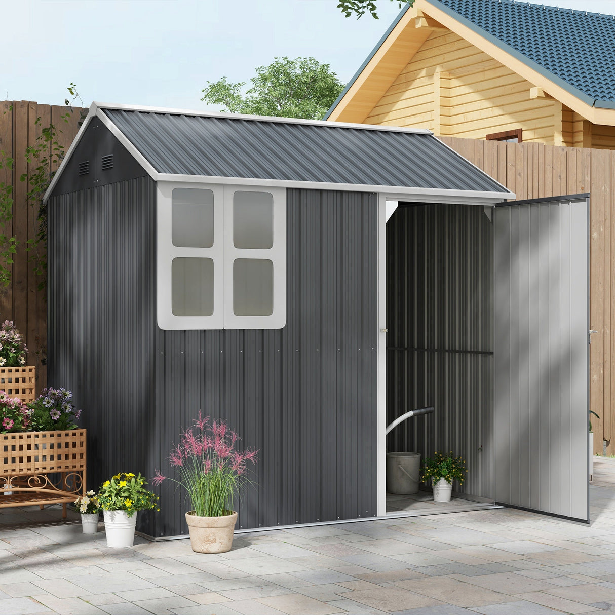 Galvanised Garden Shed with Latch - Dark Grey