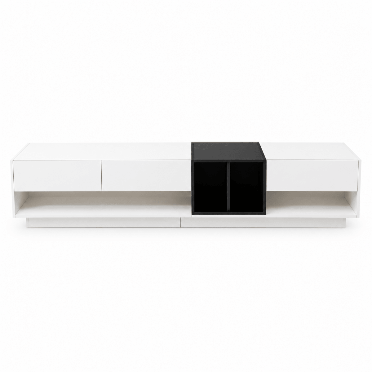 Modern TV Unit with High Gloss White and Black Finish - Lowboard with Drawers, Storage Compartments and Shelves