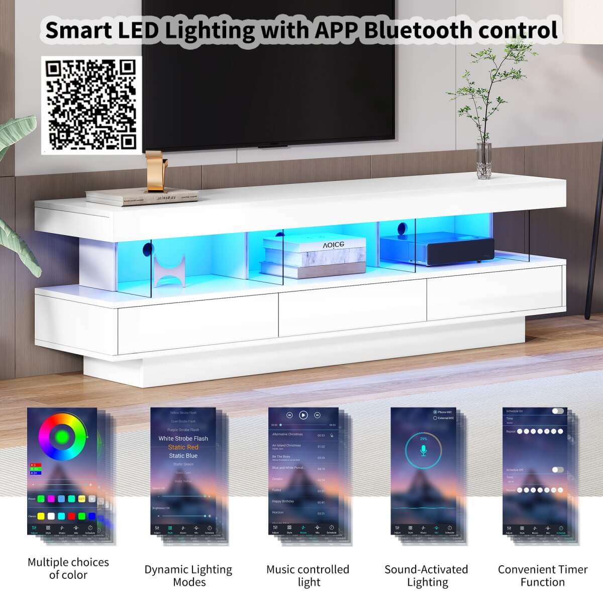 High Gloss LED TV Stand 160cm – 3 Drawers and 3 Open Storage Spaces, Living Room or Bedroom