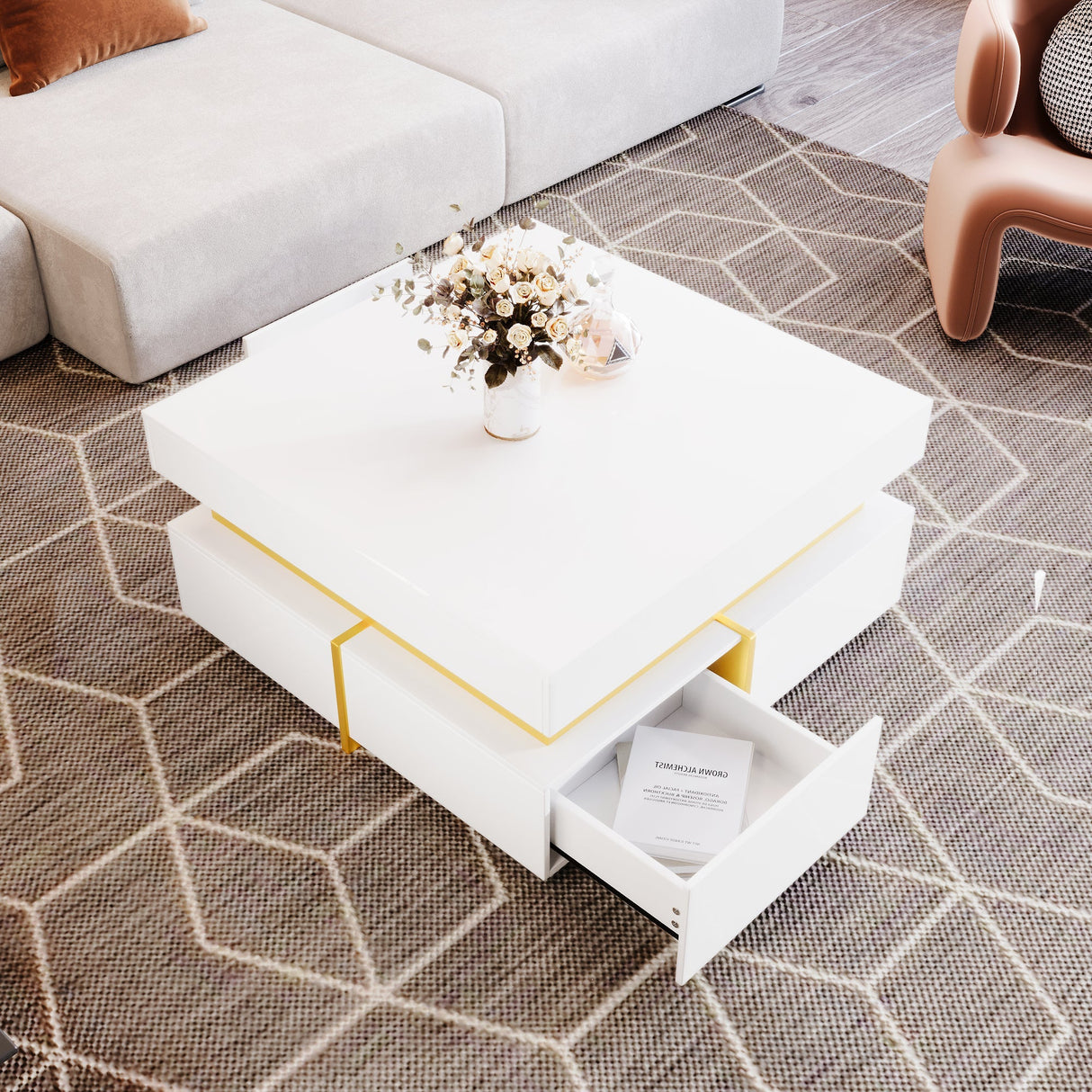 Coffee Table, High-Gloss, Drawers and Gold Accents