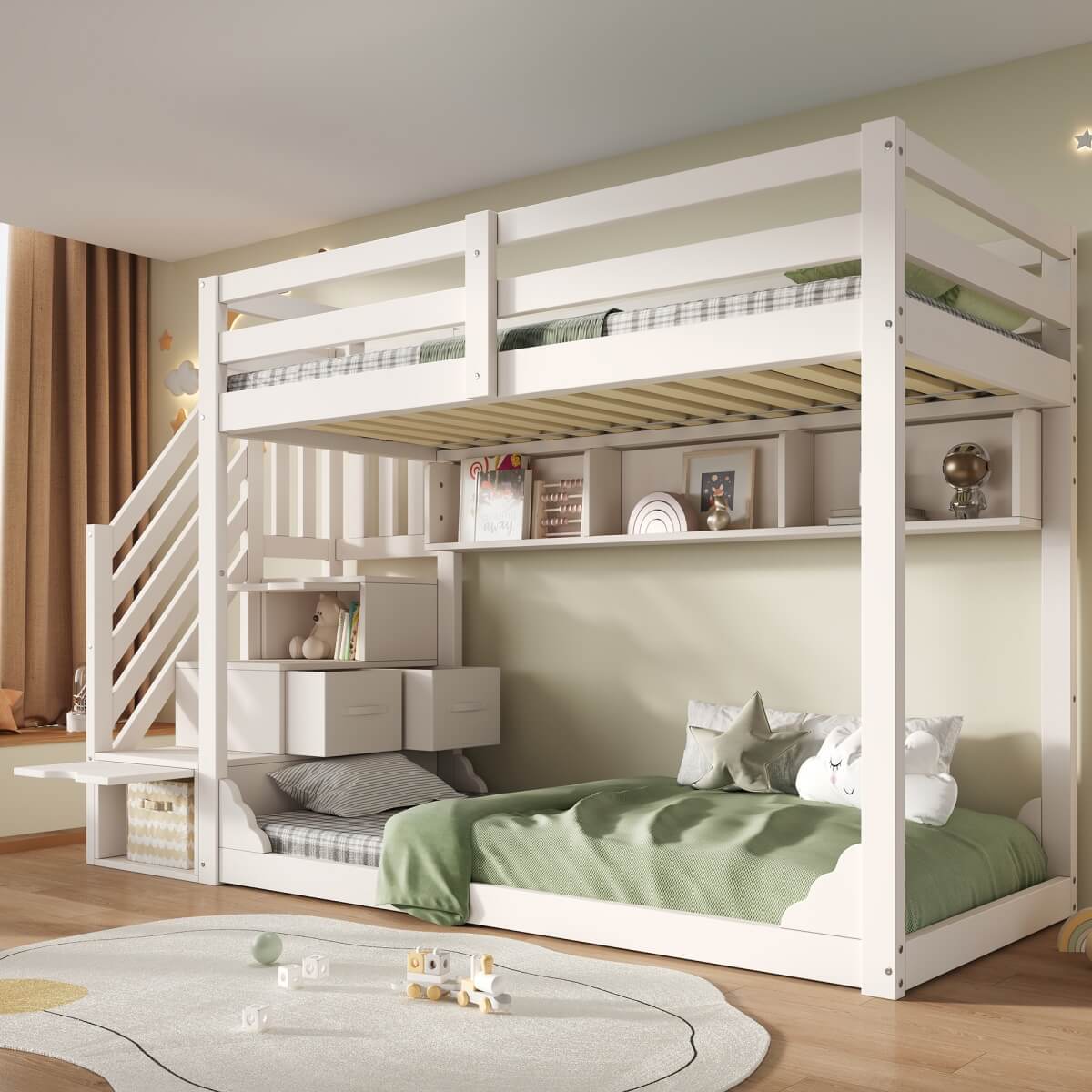 Kids Bunk Bed with Storage Stairs - Solid Wood Bunk Beds with 3 Open Shelves and Wraparound Safety Rails, White