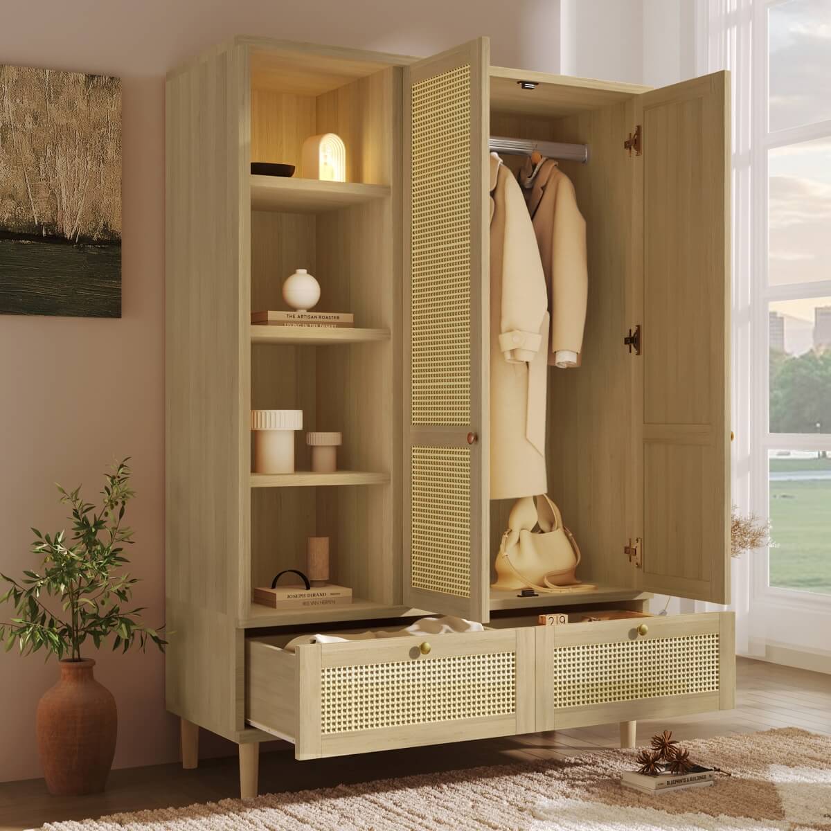 Rattan 2-Door Wardrobe - Hanging Rail, 4 Storage Shelves, 2 Drawers and Anti-Tip Device, Oak Effect