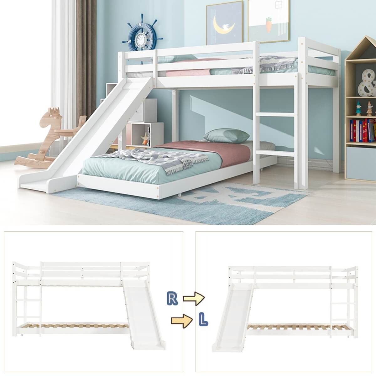 Children's Cabin Bunk Bed with Slide & Ladder — Adjustable Lower Bed for Kids