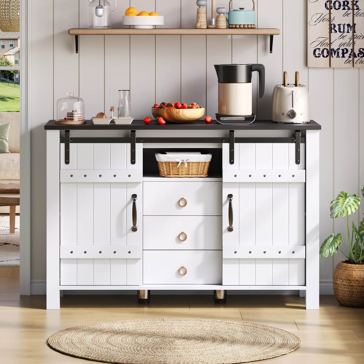 Rustic Wood Sideboard with Storage - 120cm Cabinet with Sliding Doors & 3 Drawers