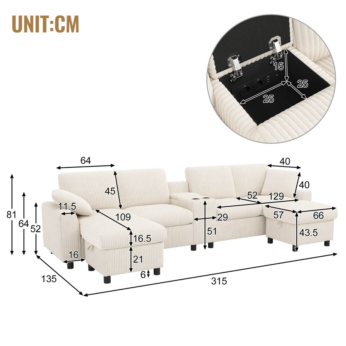 U Shaped Corduroy Sectional Sofa - Modular Sofa with Storage Ottomans, USB & Type-C Charging, Beige