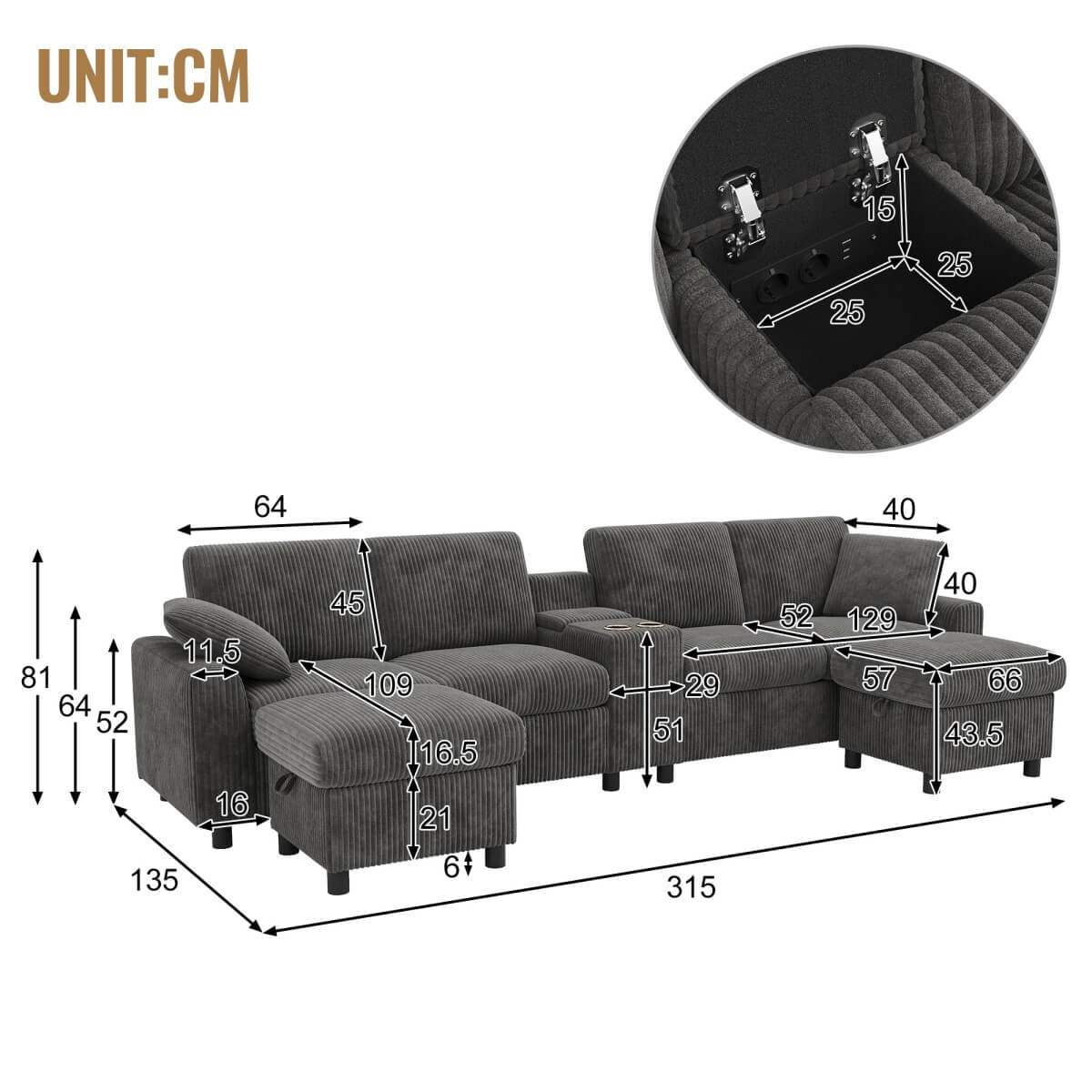 U Shaped Corduroy Sectional Sofa - Modular Sofa with Storage Ottomans, USB & Type-C Charging, Grey