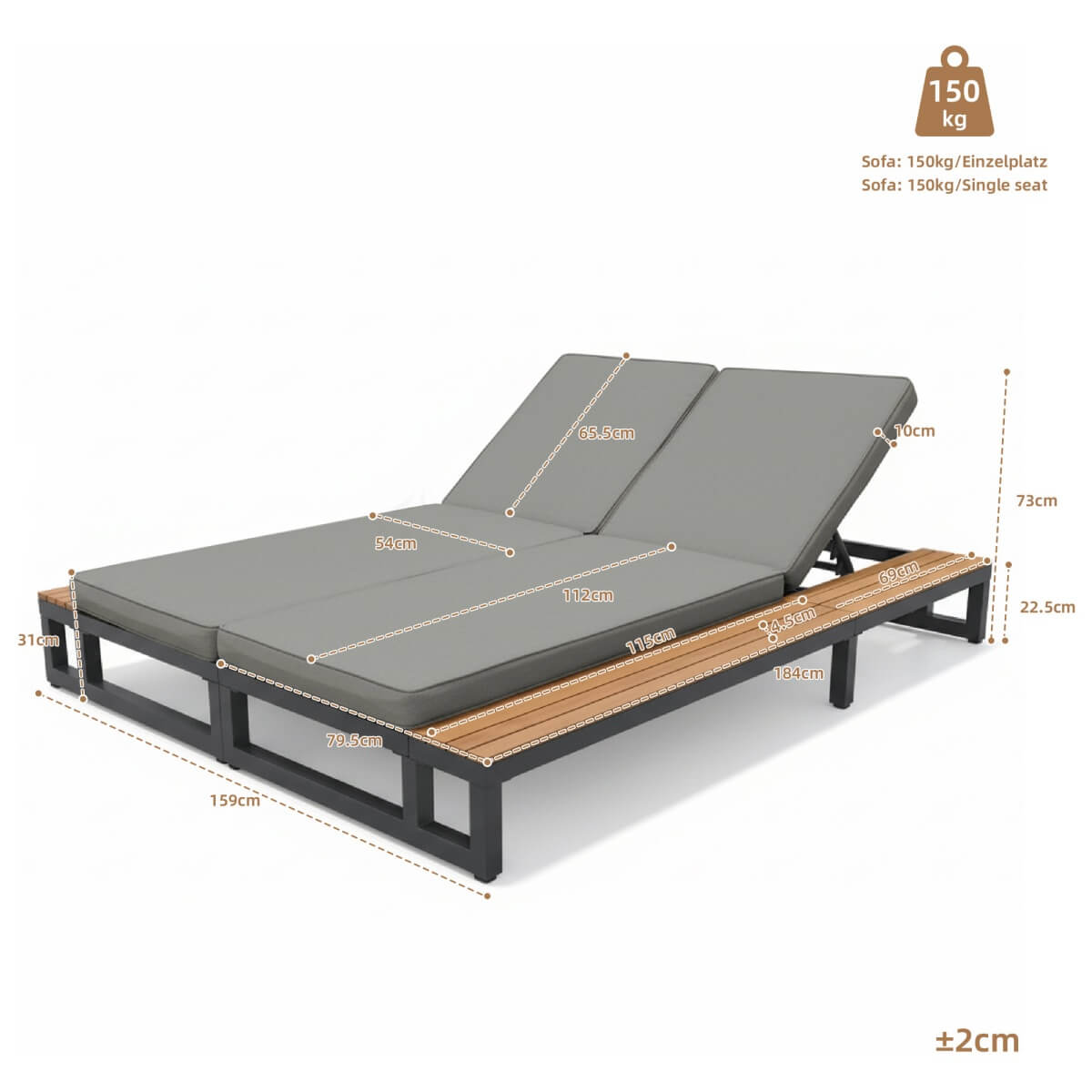 Outdoor Patio Daybed – Double Sun Lounger with Adjustable Backrest, Waterproof Multifunctional Sofa Bed for Garden, Patio & Poolside