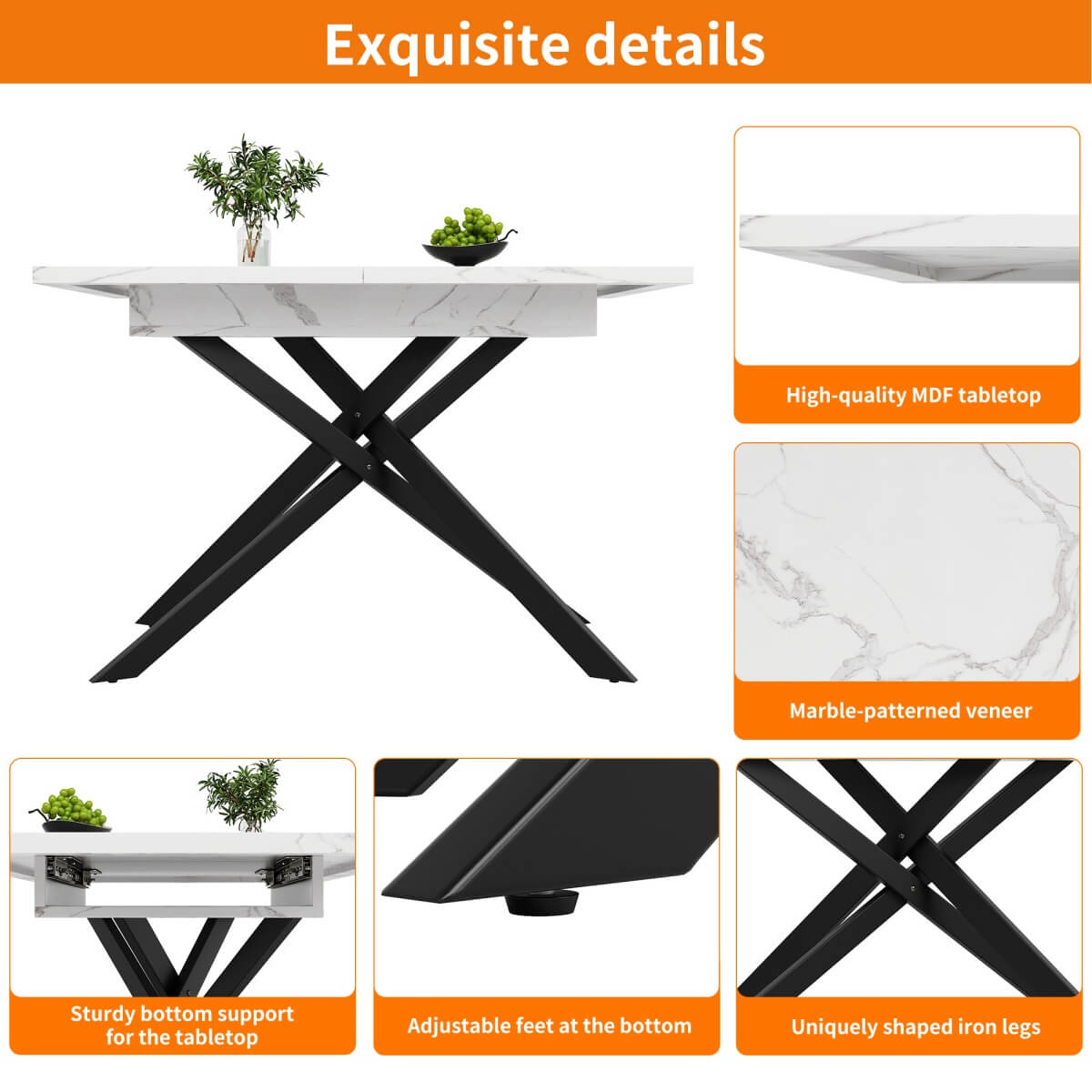 Extendable Dining Table 120–160 cm – Space-Saving Telescopic Table with Crossed Metal Legs, Marble Effect Top