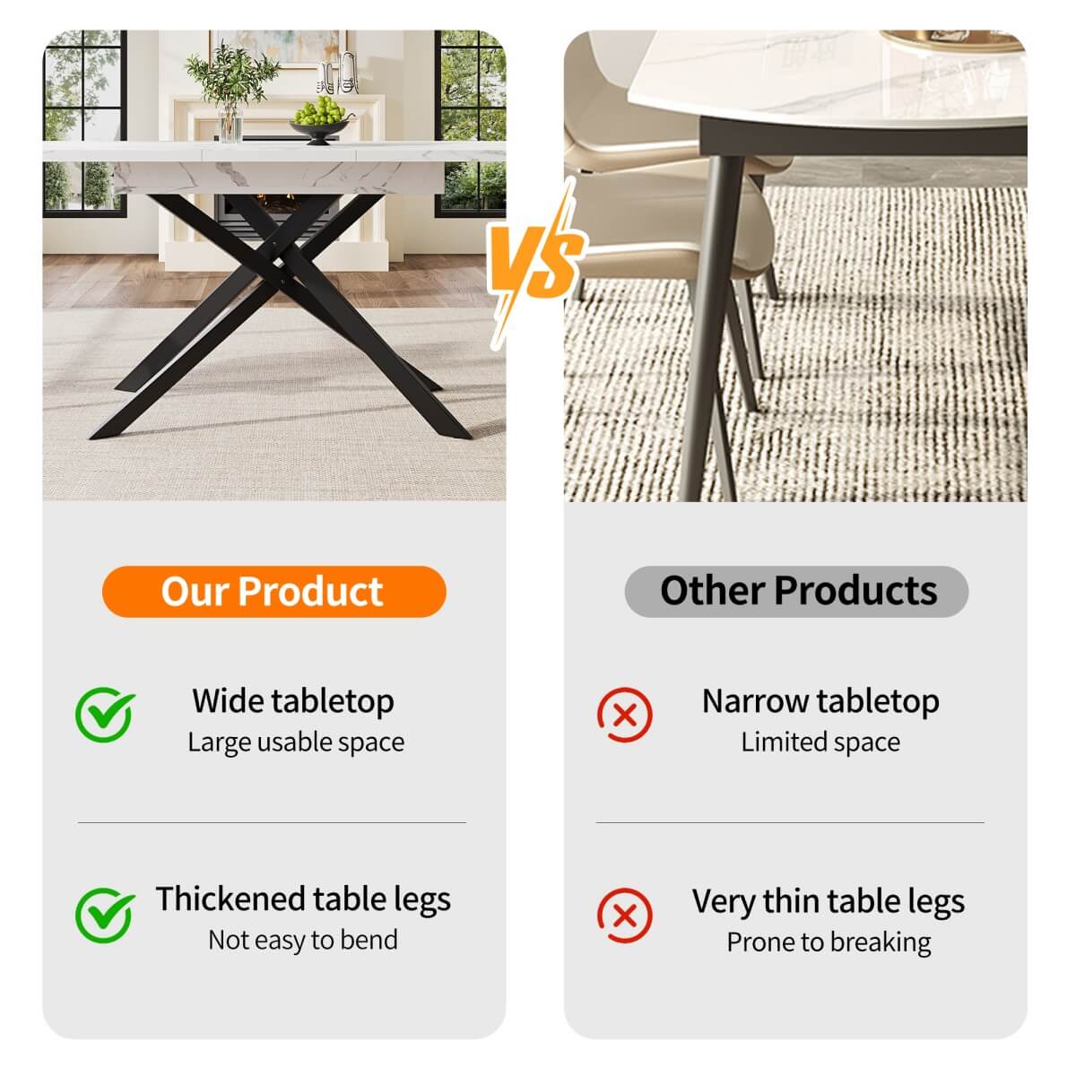 Extendable Dining Table 120–160 cm – Space-Saving Telescopic Table with Crossed Metal Legs, Marble Effect Top