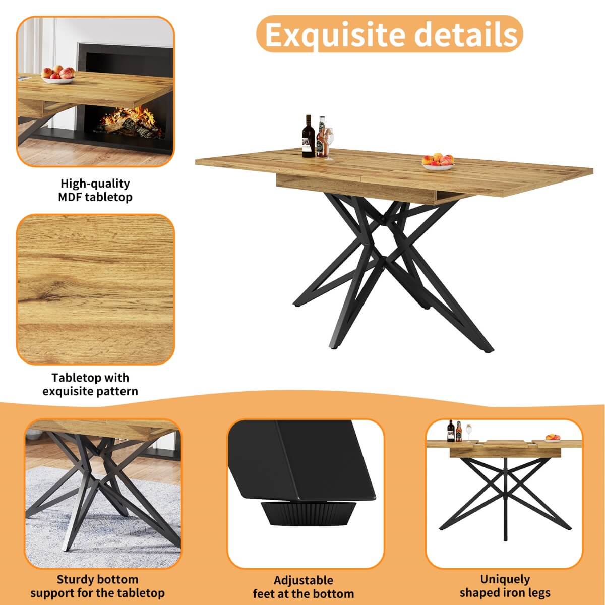 Extendable Dining Table 120–160 cm – Star Base Table with Metal Legs