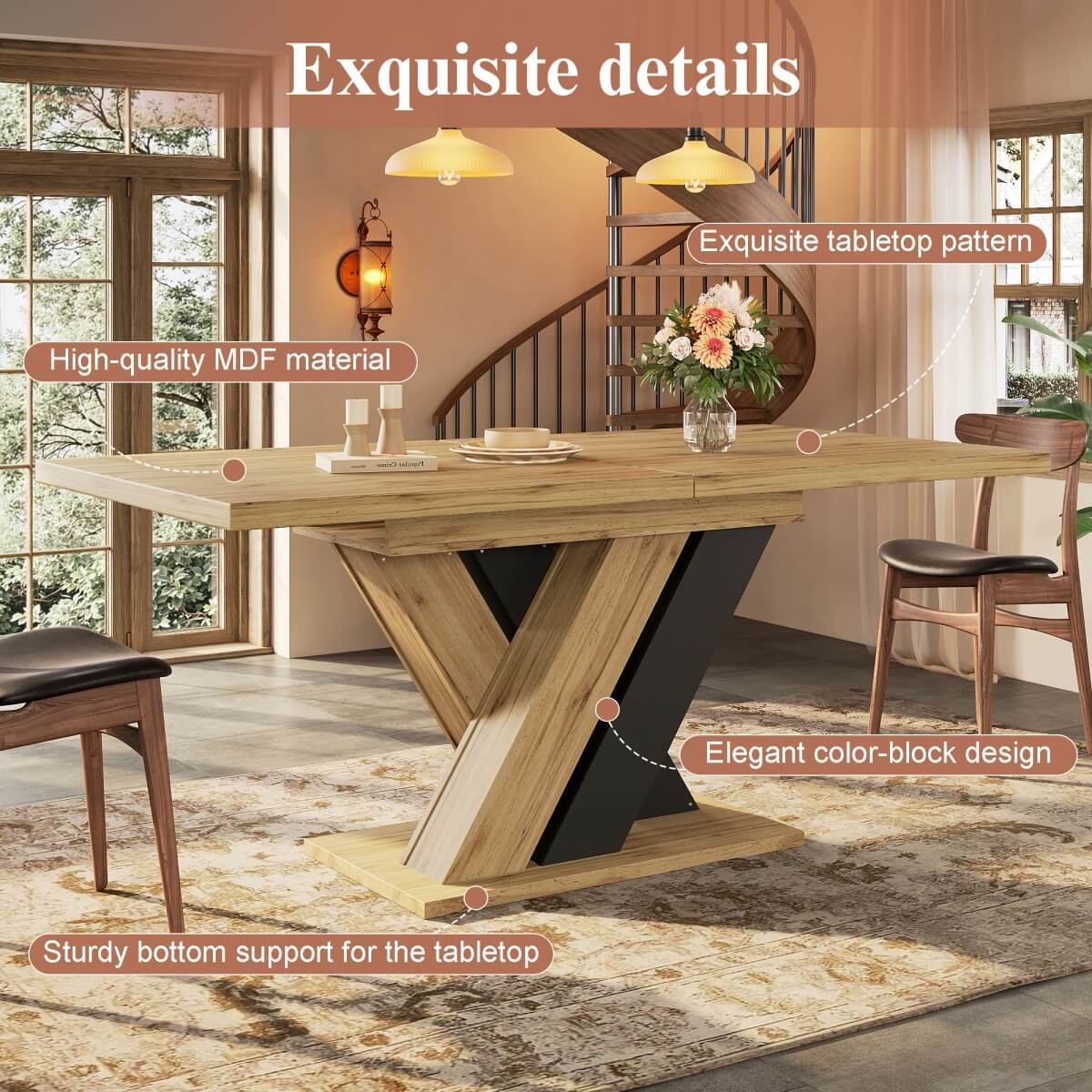 Extendable Wood-Coloured Dining Table with X-Shaped Legs – Telescopic Kitchen & Living Room Table